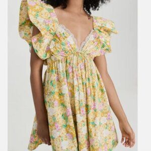 For Love & Lemons Yellow Tamra Dress with Florals & Ruffle Mini Dress M